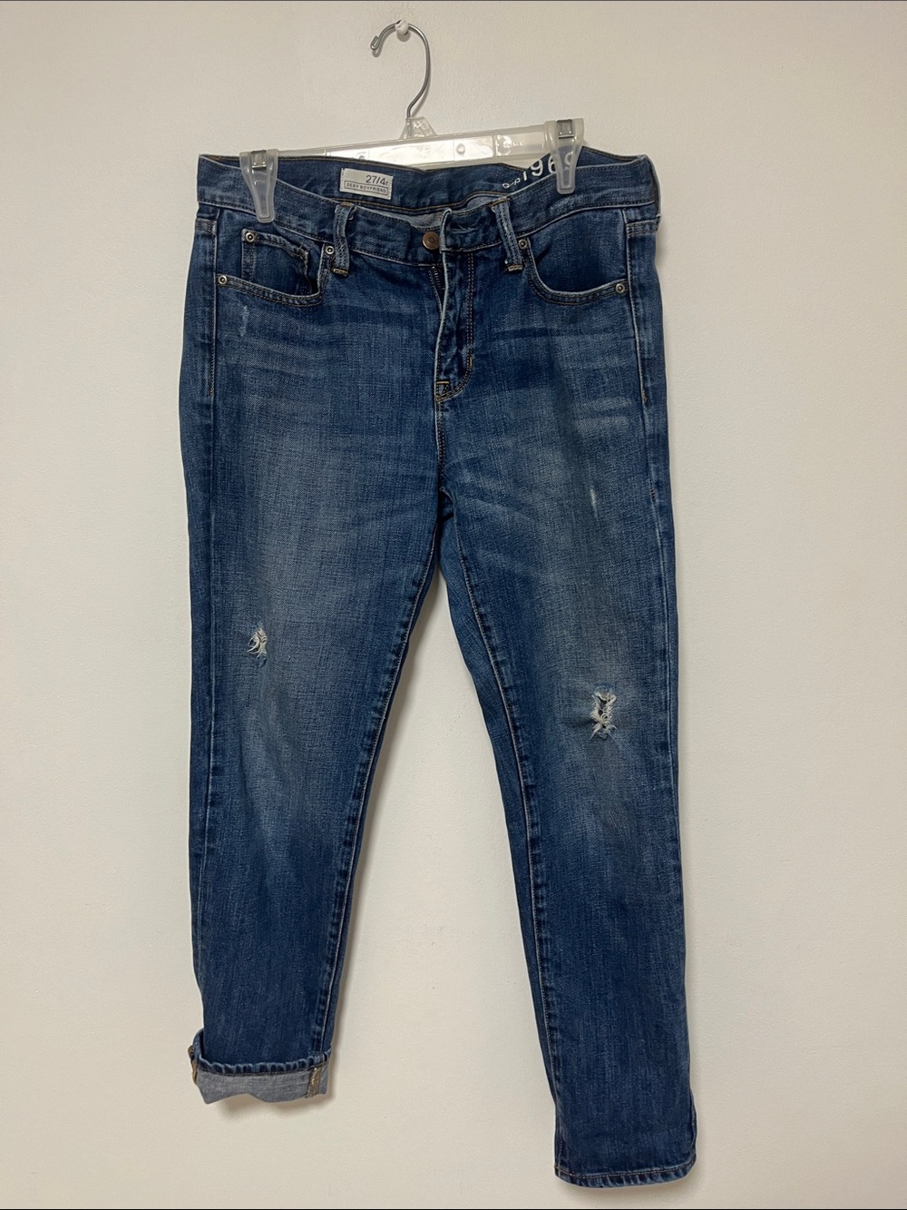 GAP Women's Boyfriend Jeans in Medium Blue Distressed Wash